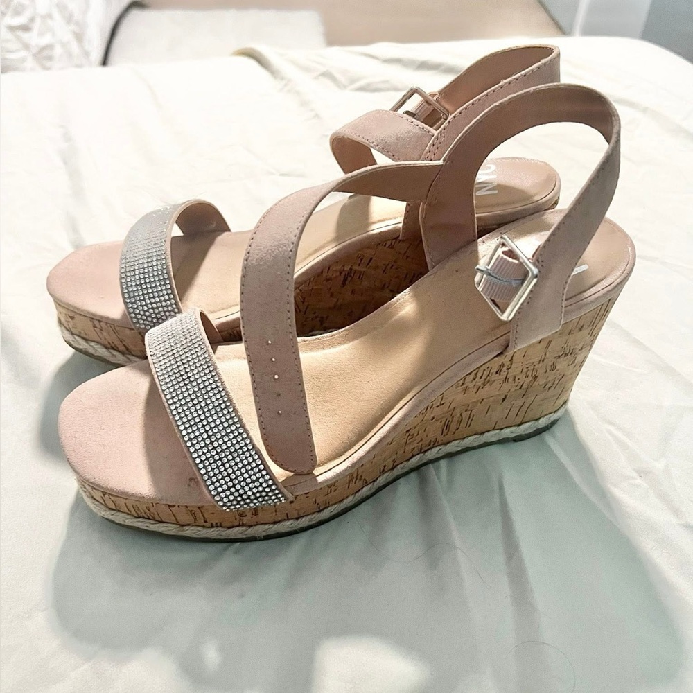 Silver and Tan Cork Wedge Sandals